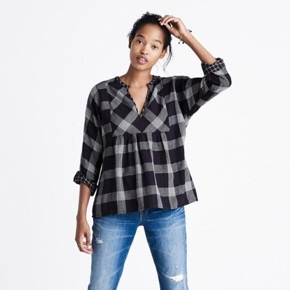 Madewell Bohème Popover Shirt Black & White Plaid V-Neck Size XS